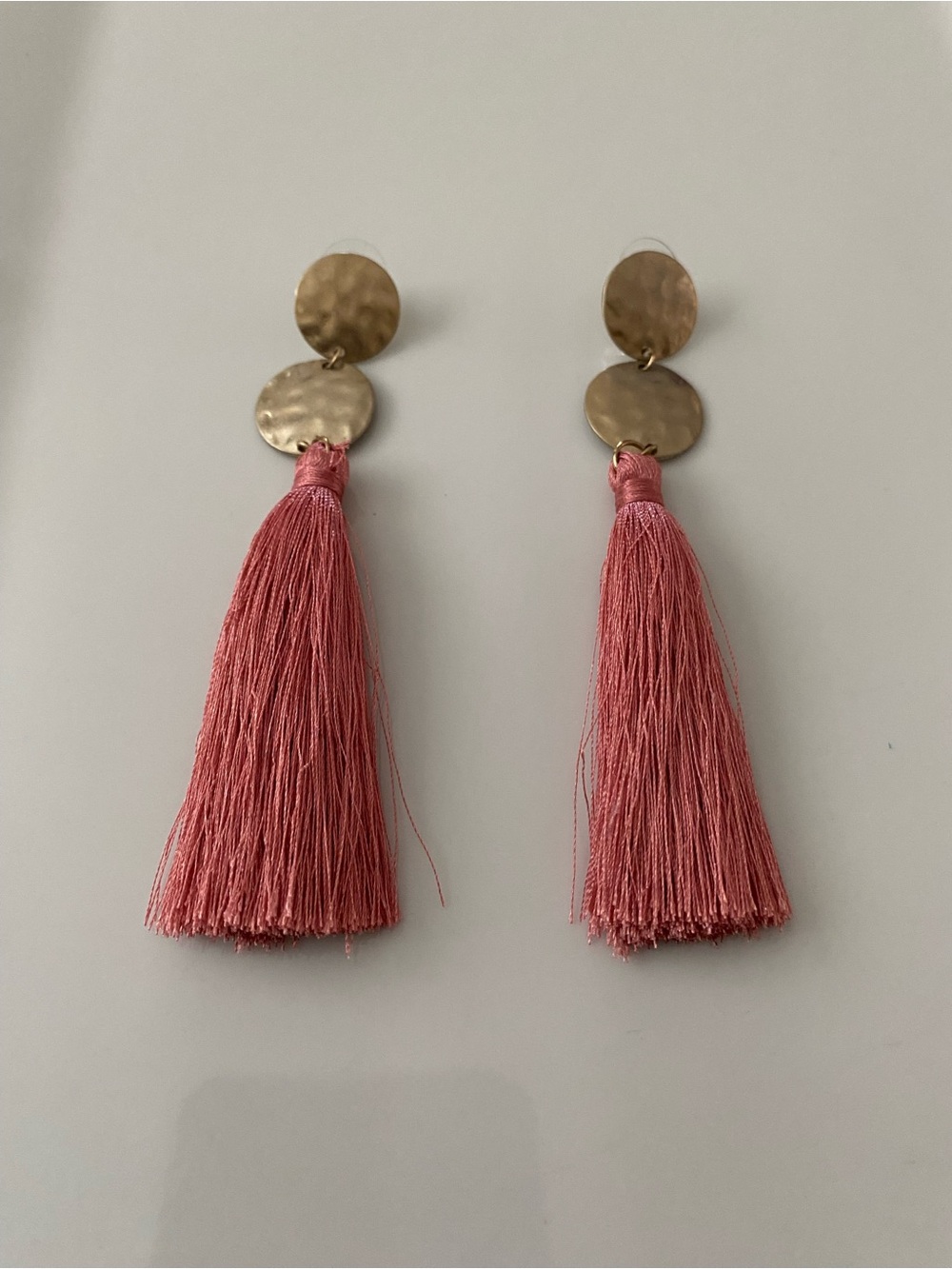 Gold Disc Pink Tassel Drop Earrings